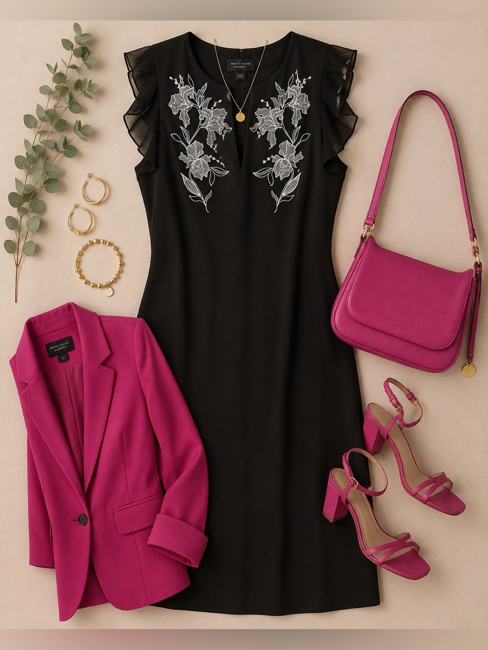 White House Black Market Black Flutter Sleeve Embroidered Sheath Dress